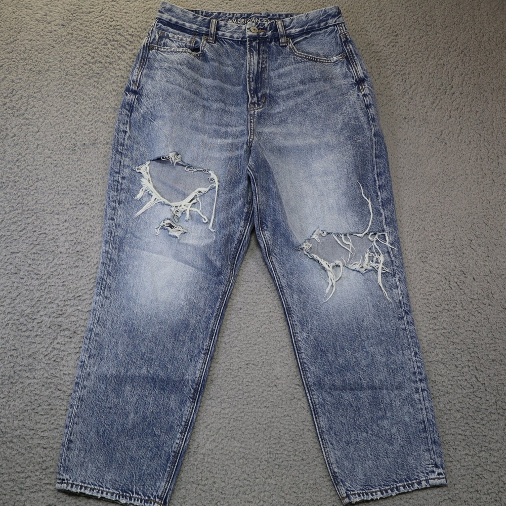 American Eagle‎ Curvy Mom Jeans Womens Short Blue Acid Wash Distressed High Rise